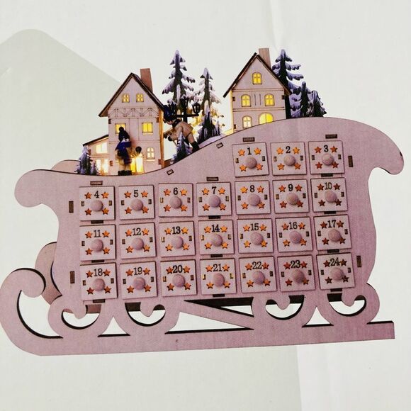 LED Lighted Wood Sleigh Advent Calendar Holiday Decor - Picture 3 of 3